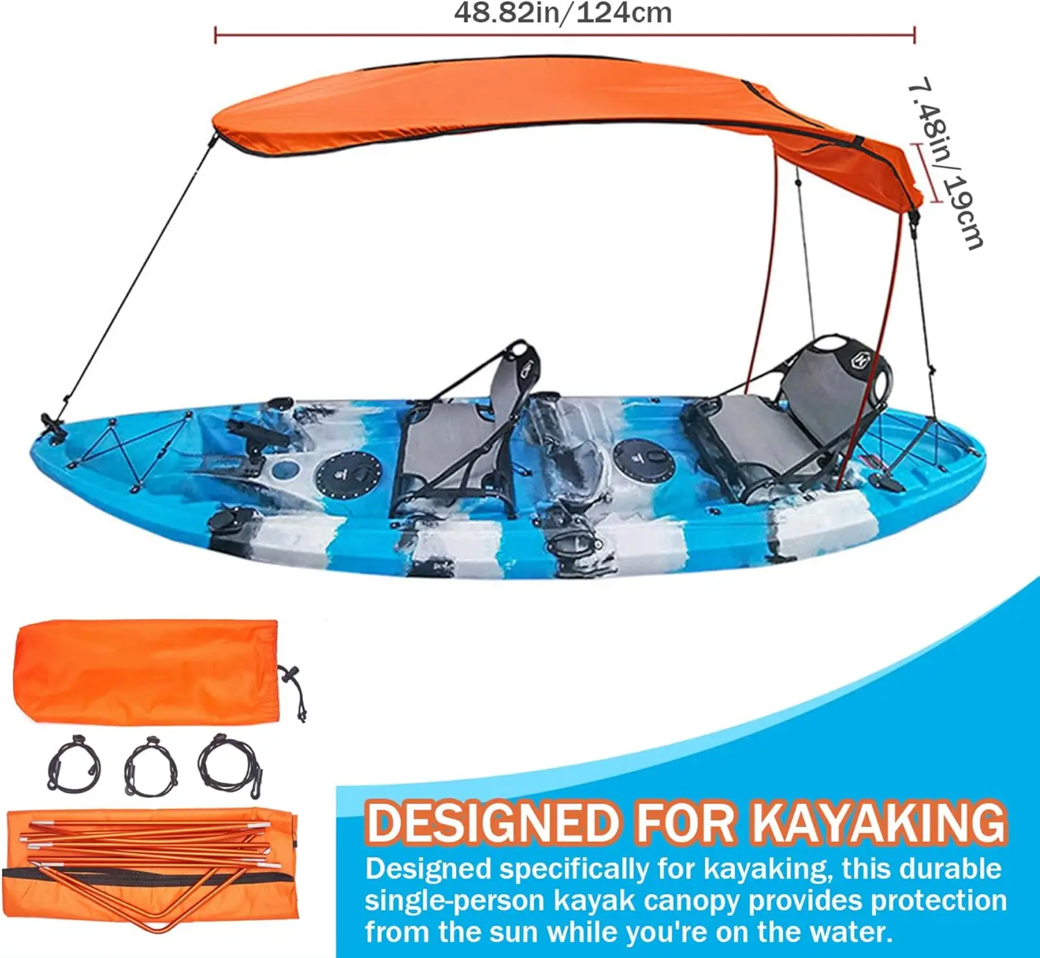 Kayak Shade,Kayak Umbrella Sun Protection Kayak Shade Rain-proof 49in Boat Shades Canopy with Elastic Band Outdoor Boat Umbrella for 1-2 People, Orange - Image 2
