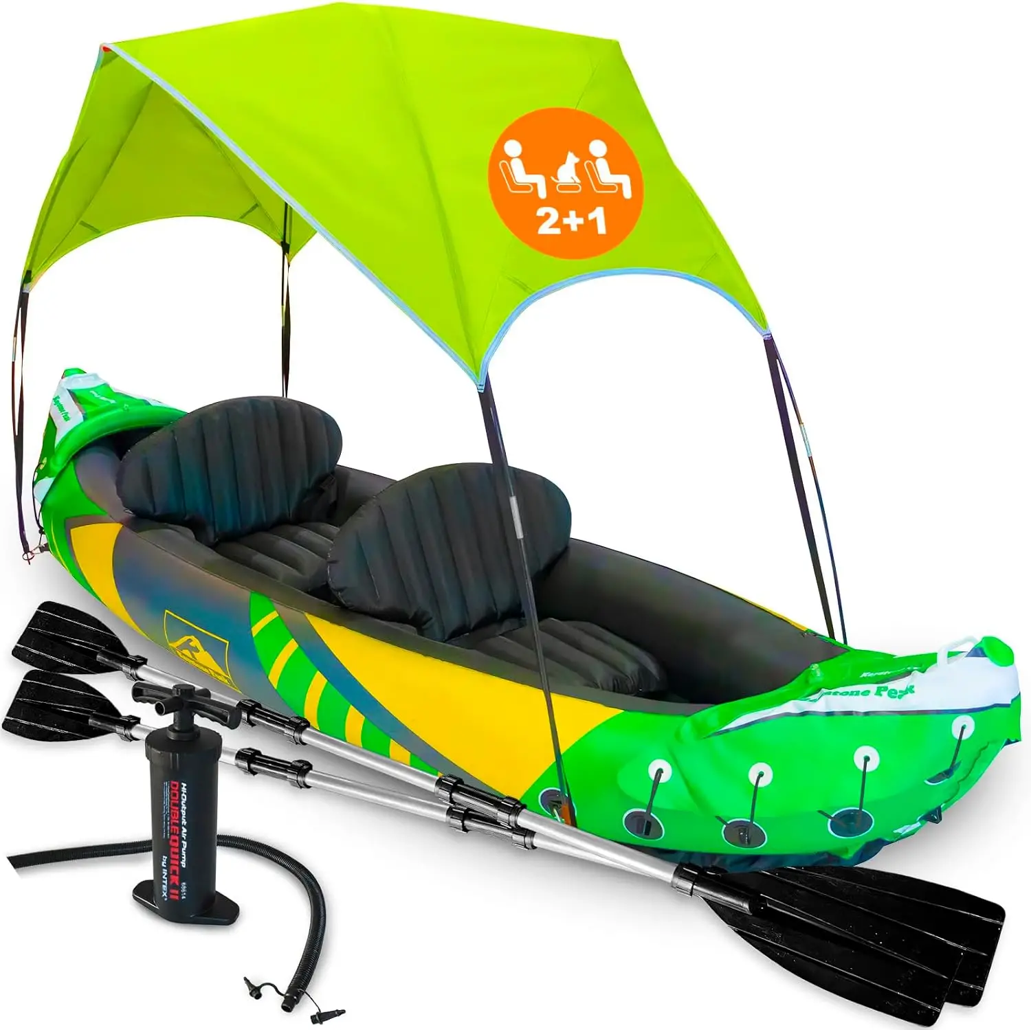 NEW 2024 Keystone Peak 2 Person Inflatable Kayak with Exclusive Sun Canopy (Detachable) + Kayaks for Adults + 3rd Seat for Dog/Child + Waterproof Phone Bags + Adjustable Seats + Backrests + More