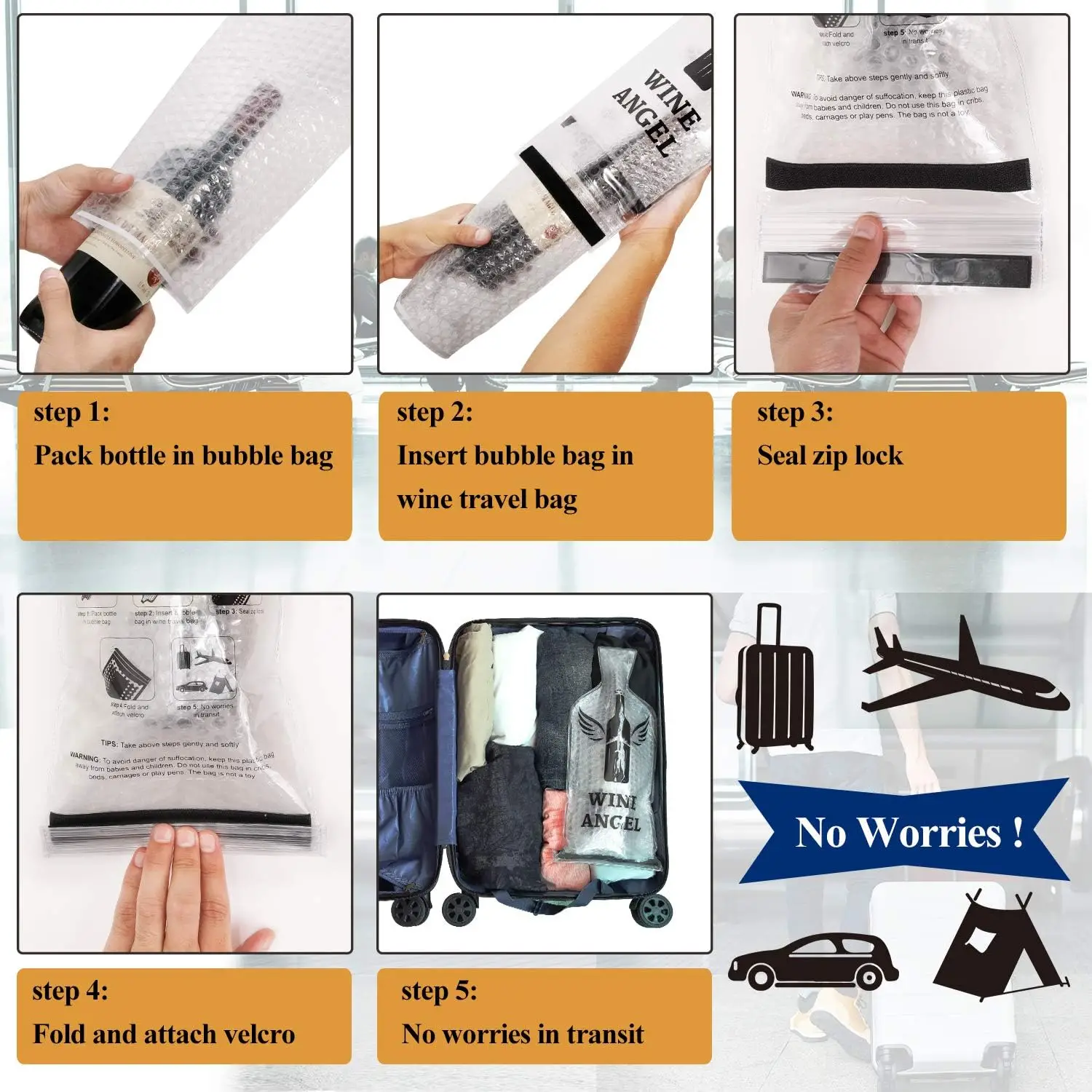 [UPGRADED PROTECTION] 4 Set (8 pcs) Reusable Wine Bags for Travel, Wine Protector Sleeve Case, Airplane Car Cruise TRIPLE Luggage Leak-proof Safety Impact Resist - Image 4