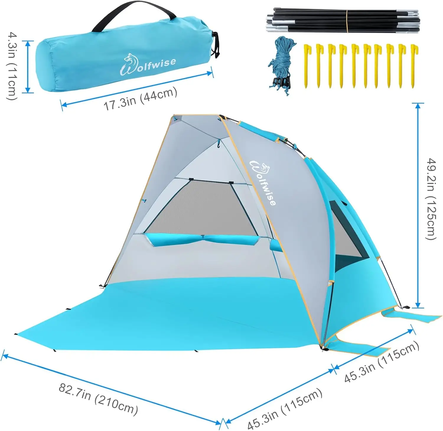 WolfWise 2-3 Person Portable Beach Tent UPF 50+ Sun Shade Canopy Umbrella with Extendable Floor, Blue - Image 7